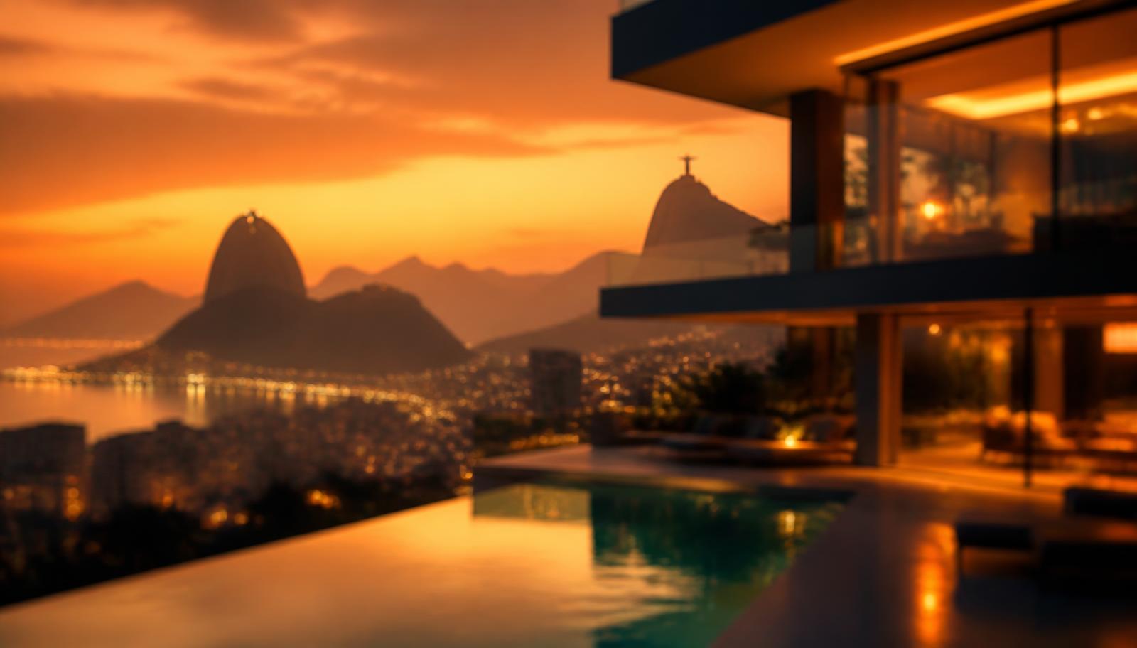 Mansão de luxo com vista para o horizonte do Rio de Janeiro ao anoitecer